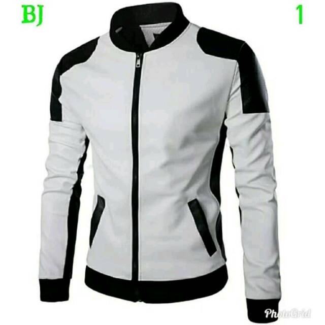 Jaket semikulit pria putih hitam real picture