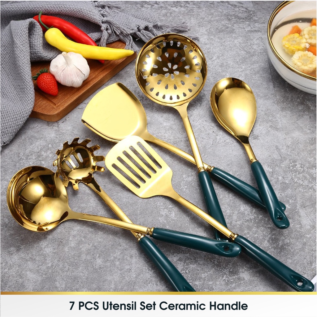 7 Pcs ﻿Ceramic Gold Handle Utensil Spatula Sutil Stainless Steel Set Keramik Mewah Cantik