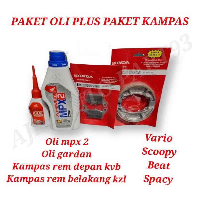 PAKET OLI MPX 2 PLUS PAKET KAMPAS DEPAN BELAKANG VARIO BEAT SCOOPY SPACY AHM (KVB/KZL)