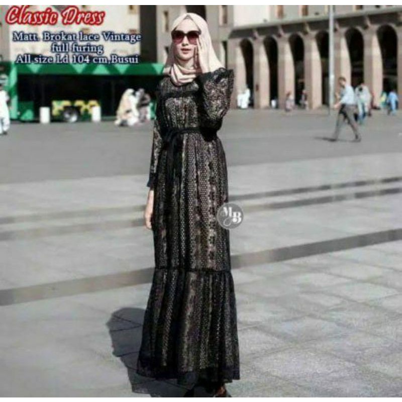 CLASSIC MAXY DRESS PREMIUM GAUN BROKAT LACE VINTAGE LEBARAN NUDE MOCCA HITAM PUTIH LILAC FLORENZA