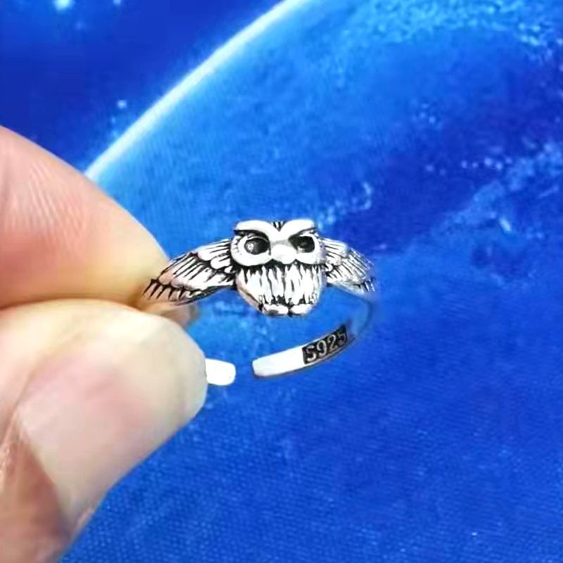 Cincin zircon Putih Bentuk Burung Hantu Gaya Retro Untuk Pria Dan Wanita