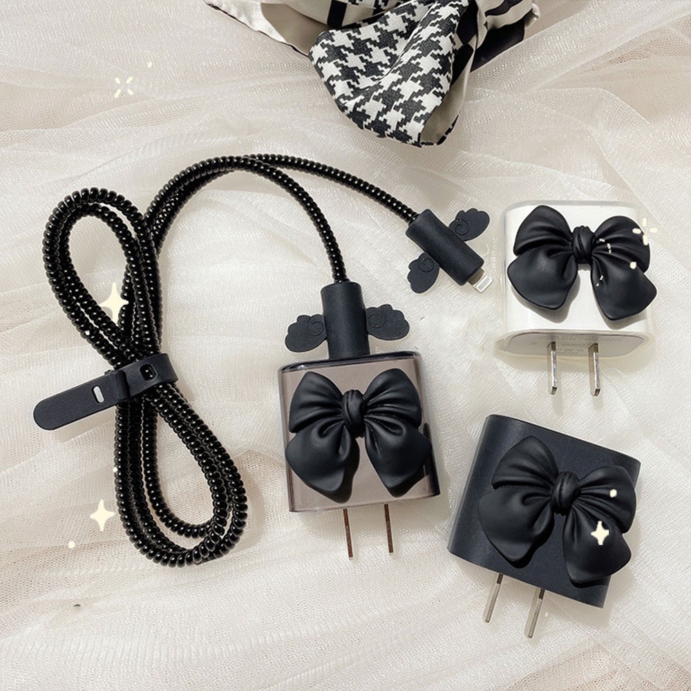 【COD Tangding】Suit for Apple 13/12/11 Pro Black Bow Charger Case IPhone Data Cable Winding Cover