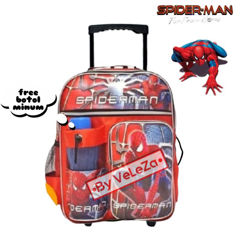 Tas Trolly Anak Spiderman Superhero Free Botol Minum - Tas Koper Sekolah Anak TK SD - Tas Dorong Sek
