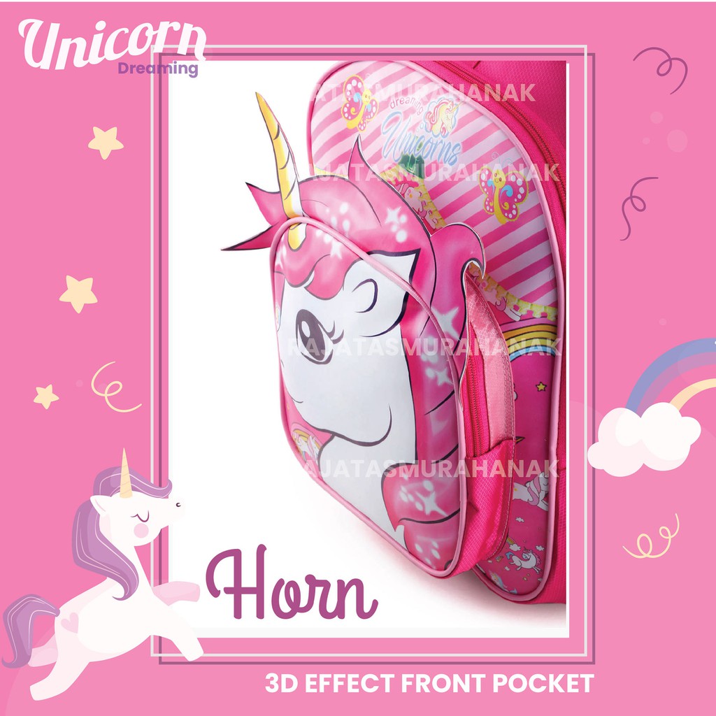 Tas Ransel Anak Perempuan Karakter - UNICORN / LOL - HORN 3D EFFECT - COOL BACKPACK + FREE BOTOL / LUNCHBOX