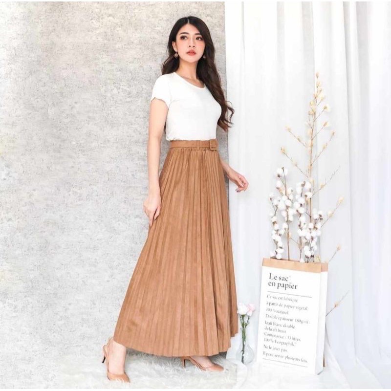 FW R450 Rok Plisket Suede Panjang Belt Import | Rok Plisket Suede Panjang Import | Suede Pleated Maxi