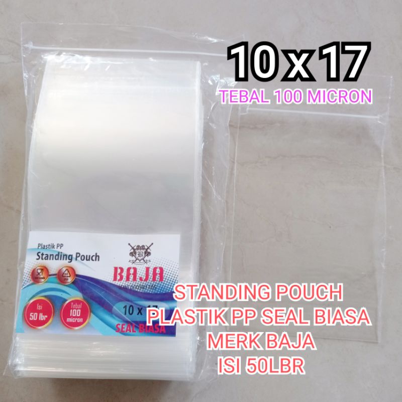 

PLASTIK KLIP/STANDING POUCH UKURAN 10X17 SEAL BIASA MERK BAJA/DOUBLE SEAL MERK TENIS MEJA(ISI50)