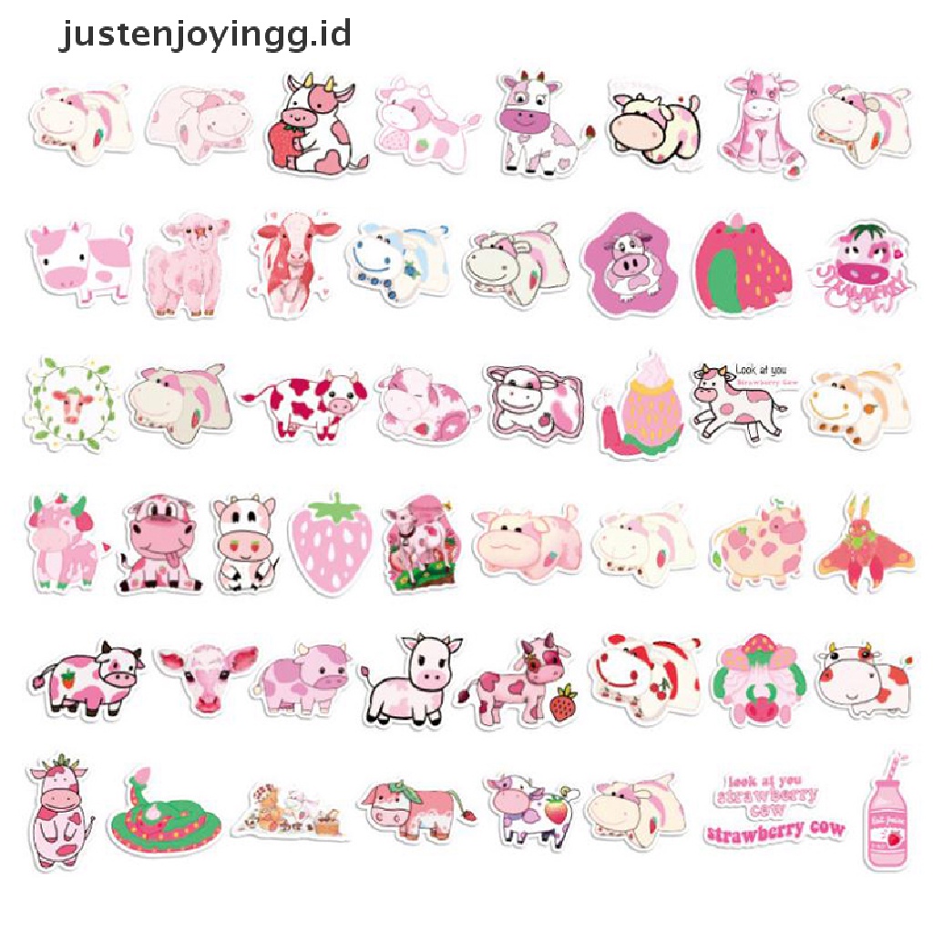 50 Pcs Stiker Motif Kartun Strawberry Sapi Warna Pink Untuk Laptop Skateboard Koper