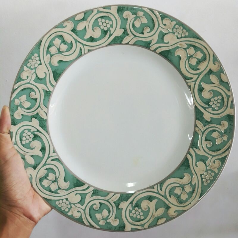 GREENY DINNER PLATE PIRING KERAMIK SANGO MOTIF JADUL BUNGA FLOWER KEMBANG IJO PUTIH PAJANGAN