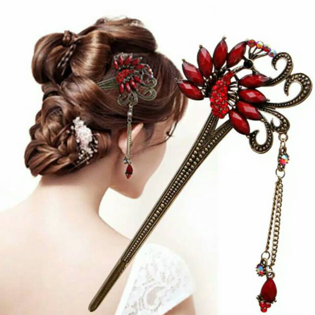 Tusuk Konde Hair Sticks Peacock Berlian Buatan Merah