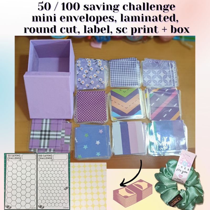 

50 - 100 Mini Amplop Tantangan Menabung Ungu | Purple envelope saving challenge | Laminating + box