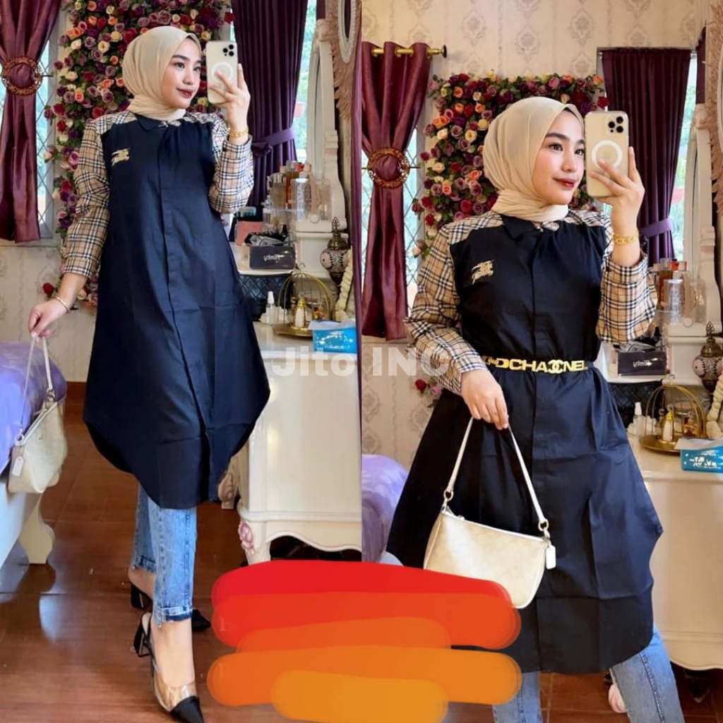 TUNIK WANITA CASUAL LENGAN PANJANG BURBERRY BAHAN KATUN IMPORT PREMIUM TUNIK WANITA VIRAL 628