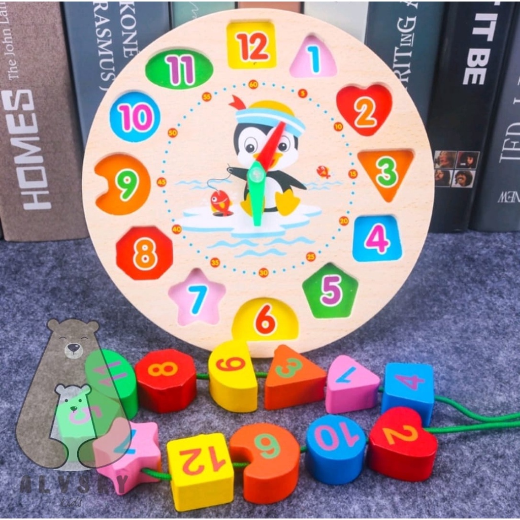 MAINAN EDUKASI ANAK JAM KAYU / WOODEN CLOCK PUZZLE GEOMETRI MERONCE