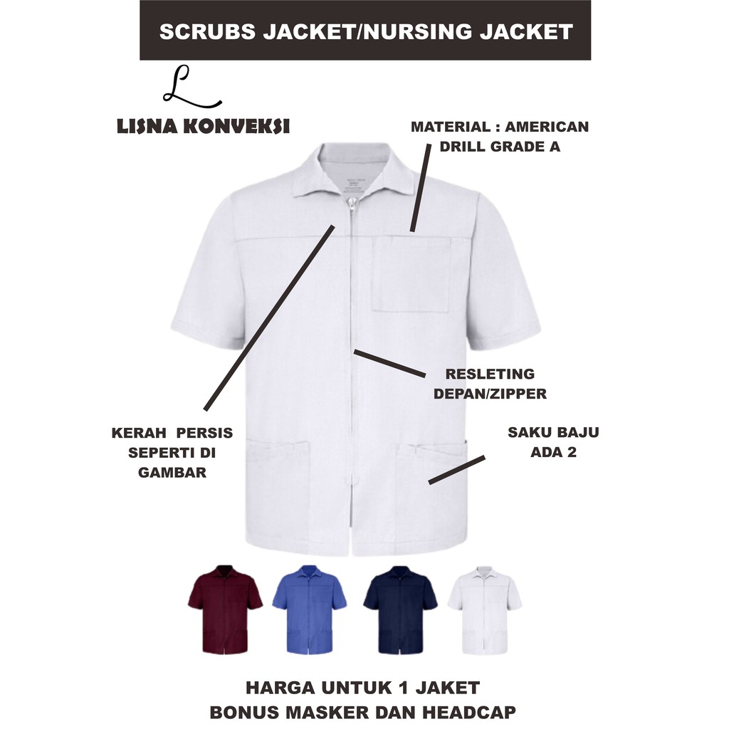 Nursing Jacket Scrub Jacket Seragam Perawat Dokter with Zipper