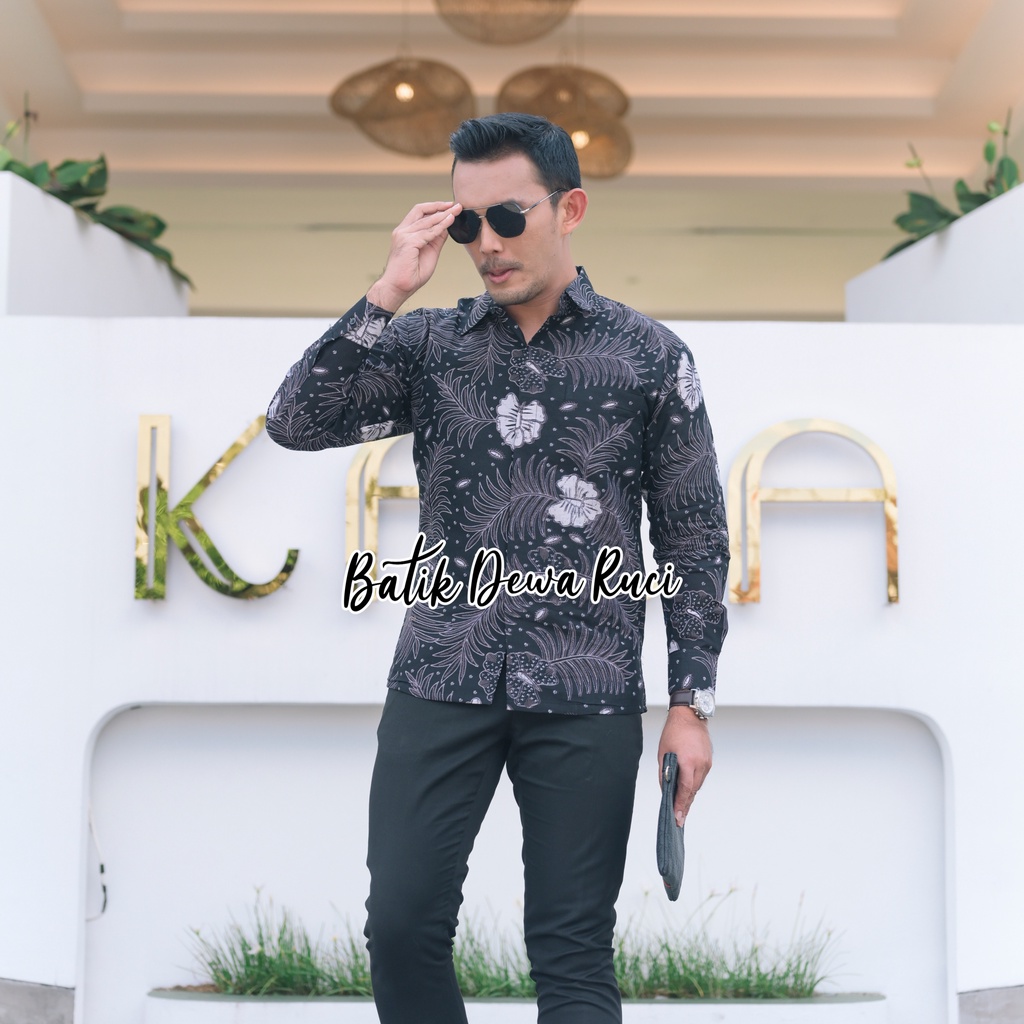 Batik Pria Hitam KEMABANG PAKIS Batik Pria Modern Full Furing Bahan Katun Halus High Quaity