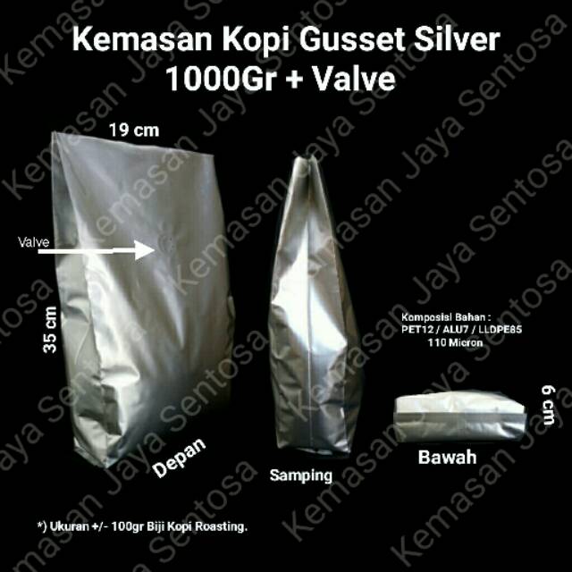Kemasan kopi Gusset Silver 1000 + Valve.( isi 50 pcs ).Kemasan Kopi.