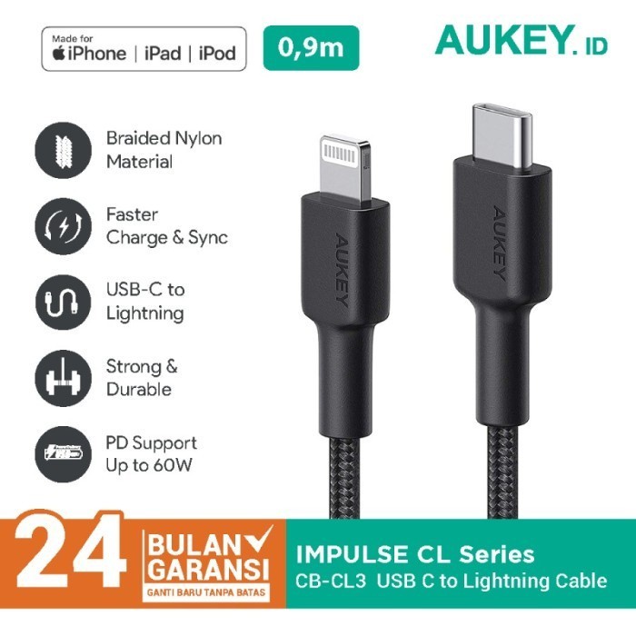 Kabel Data Aukey Cable CB-CL3 Black 0.9M MFI USB C to Lightning