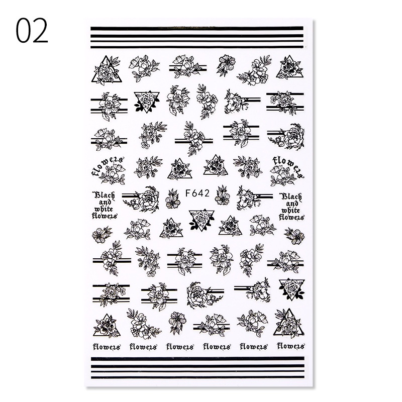 1 Lembar / Pak Stiker Kuku Foil Transfer Air Motif Bunga / Daun / Wajah 3d Warna Hitam / Putih Untuk Manicure Diy