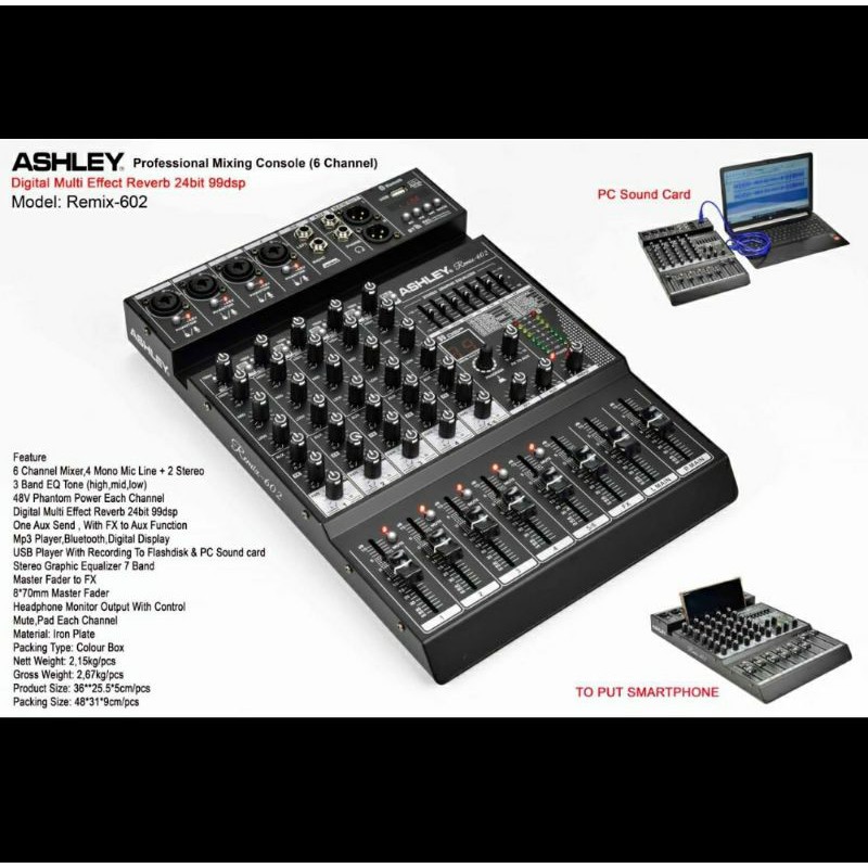 MIXER AUDIO ASHLEY REMIX 602/REMIX602 6CH USB-BLUETOOTH-SOUNDCARD PC  ( ORIGINAL )