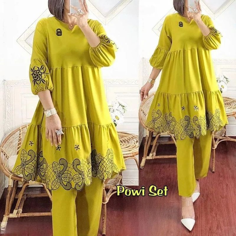 Powi Set Setelan Tunik + Celana Bahan Syakila Import Aksen Bordir