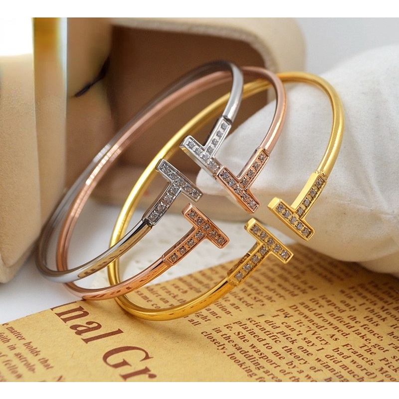 Gelang Model Terbuka Bentuk T Lapis Emas 18k Warna Rose Gold Silver Gaya Klasik Untuk Wanita