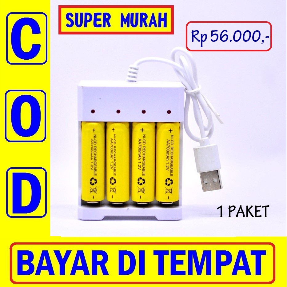 (31K) PAKET ADAPTER CHARGER + BATERAI CHARGER AA Isi Ulang 700Mah 600Mah Cas Batre AAA