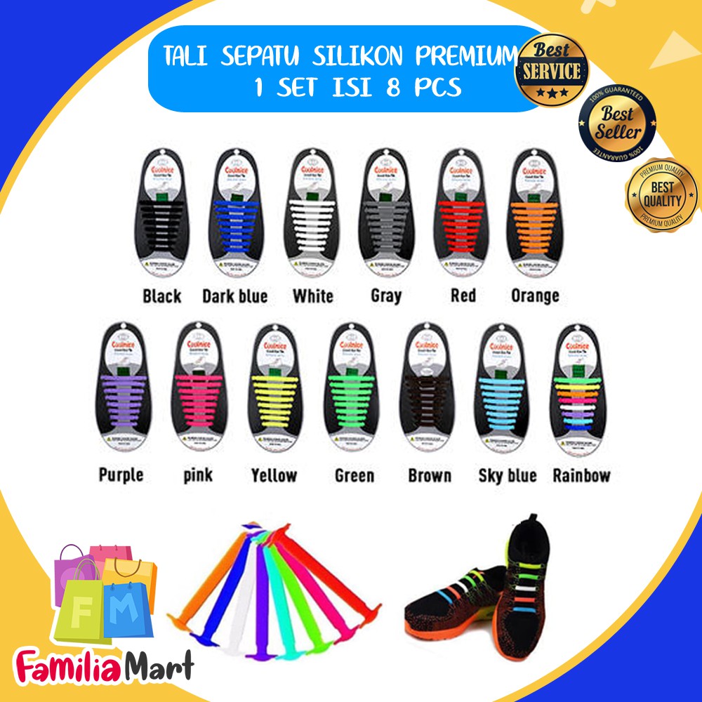 Isi 16pcs Tali Sepatu Silikon Premium Elastis Shoe Laces Karet Silicone