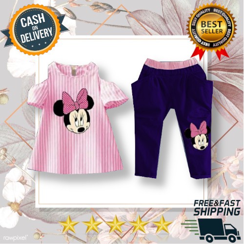 VISION ONLINE- STRIPY MINNIE PINKY// BAJU ANAK PEREMPUAN MURAH 1-4 TAHUN KARTUN SETELAN CELANA DENIM