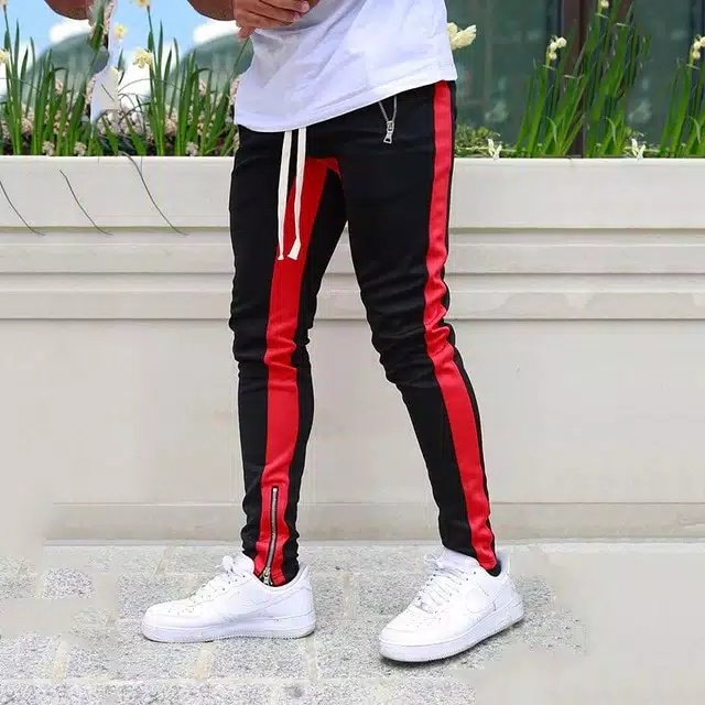 CELANA JOGGER PANTS HYPEBEAST SWEATPANTS TRACKPANTS HYPE STREETWEAR BLACK RED ZIPPER DOUBLE LIST