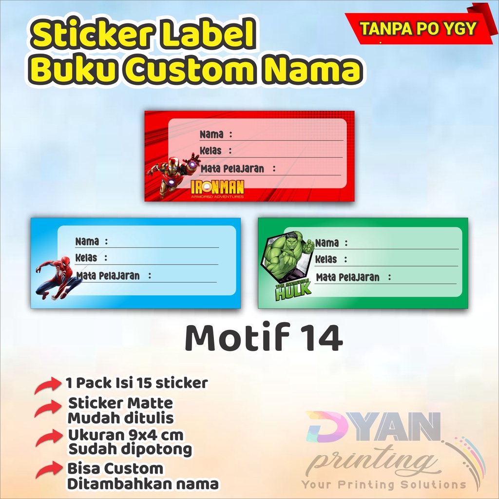 15 PCS STICKER LABEL BUKU ,BISA CUSTOM NAMA