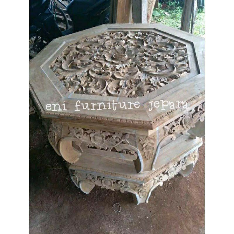 Meja ketapang segi delapan jati asli - meja tamu mewah - meja tamu jati mentah - meja tamu ukir - me