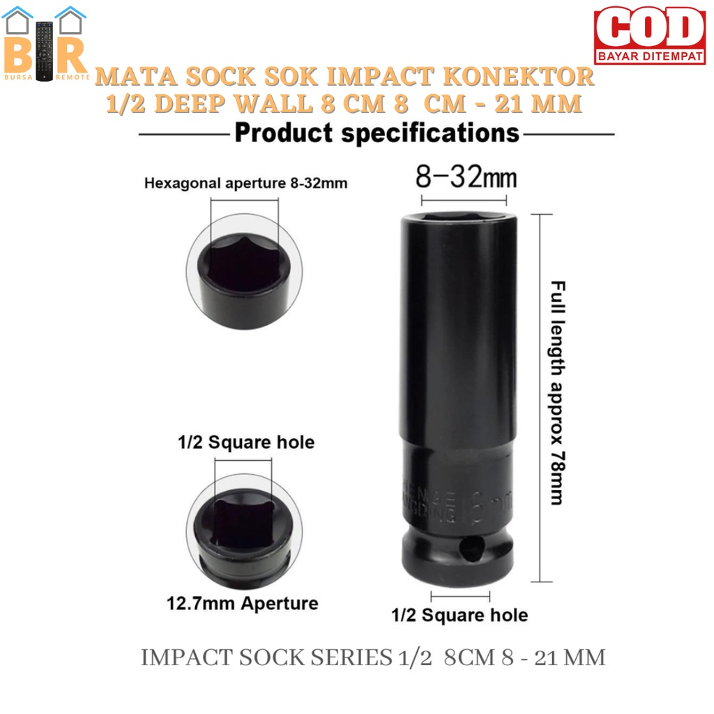 Mata Kunci Sock Sok Impact - Socket Hitam 1/2 Deep Wall Panjang Konektor 8MM-21MM