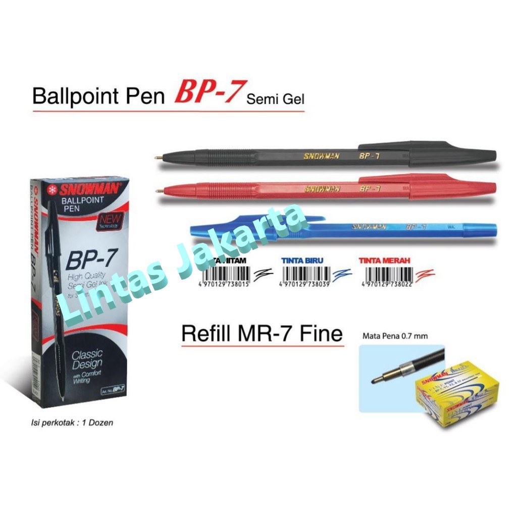 

Ballpoint / Pulpen / Pen Merk Snowman BP 7 ( Isi 12 buah )