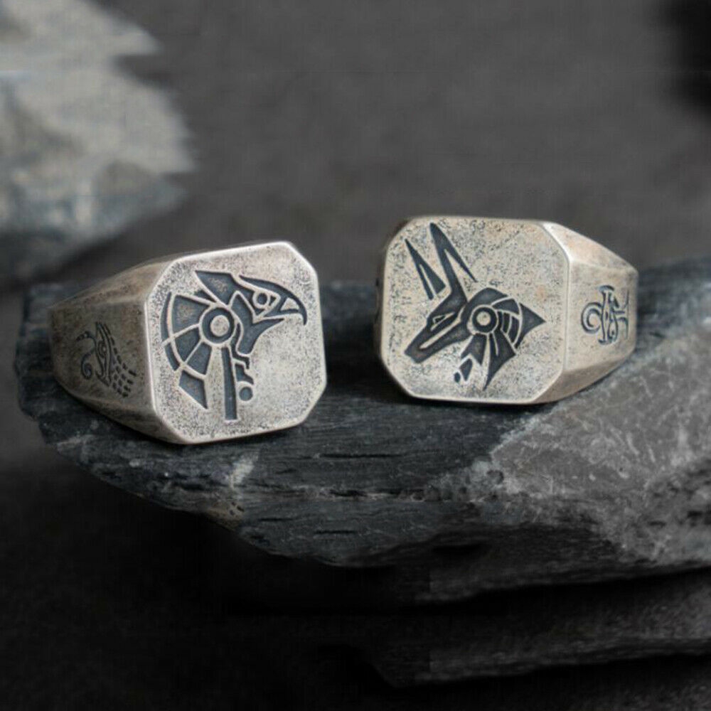 Mesir Mitologi Horus Anubis Baja Titanium Serigala Elang Vintage Perak Punk Pria Cincin Rings