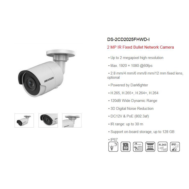 Hikvision CCTV IP Camera DS-2CD2025FHWD-I (Powered by Darkfighter) EXIR Mini Bullet Camera 2 MP
