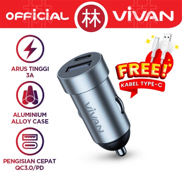 VIVAN VCC02 Car Charger Casan Mobil 2 Port USB-A USB-C 20W 3A QC3.0 PD