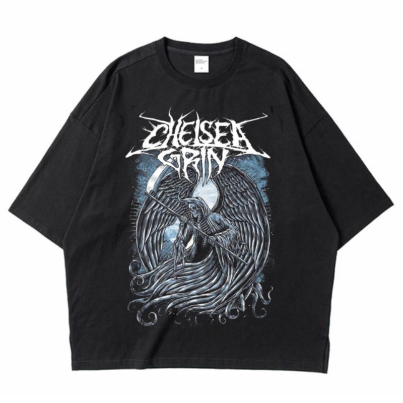 Kaos CHELSEA GRIN BLUE TENGKORAK SAYAP SKULL ANGEL OF DEATH WINGS baju band hitam/black pria wanita 