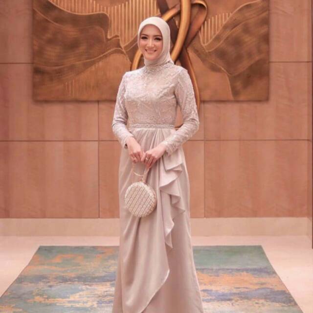 Gaun pesta brokat rok draping