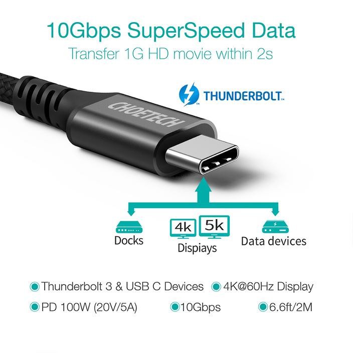 Usb3.1 Type-c to usb-c cable choetech 2m data-charge 10Gbps 100w 5a 4k braided xcc-1007