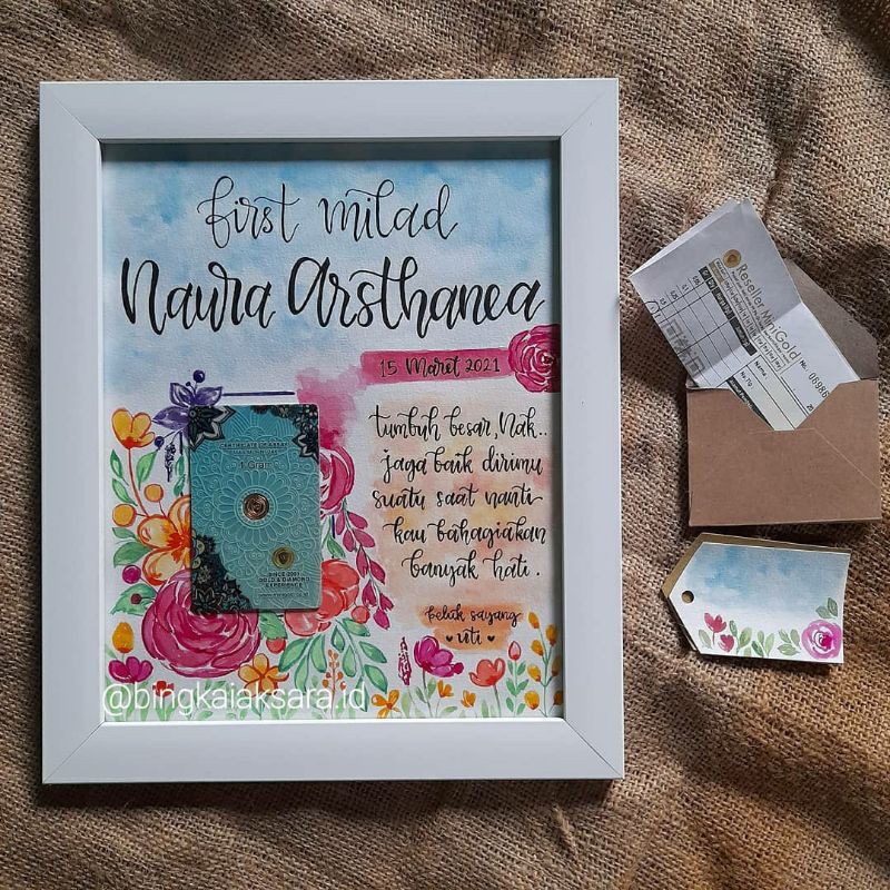 [10R • Paket D] CUSTOM FRAME WITH MINIGOLD ANTAM KADO HANDMADE LUKIS LETTERING EKSKLUSIF