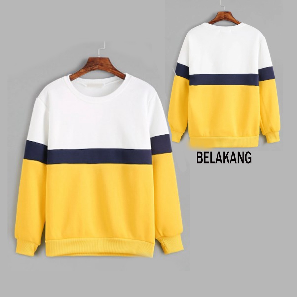 Sweater polos kombinasi jaket casual 3D warna putih navy kuning hoodie cocok untuk wanita/pria/unise