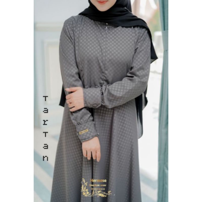 [Gamis Hermosa] Gamis hermosa motif tartan warna abu tua-gamis abu tua-gamis dark grey premium