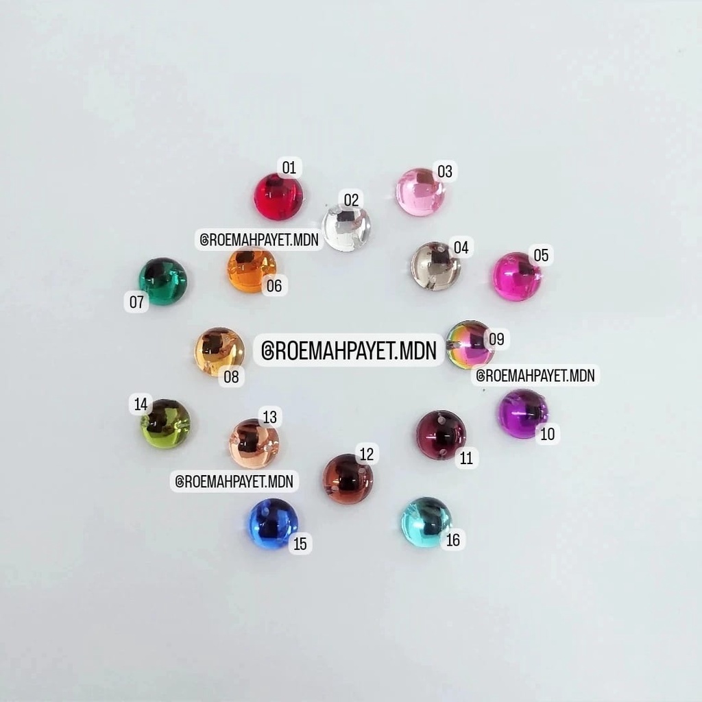 (GRADE A) BATU / PAYET AKRILIK / PAYET KRISTAL JAHIT / RESIN TAIWAN : BULAT UK. 8 MM - KILAT GULI / 