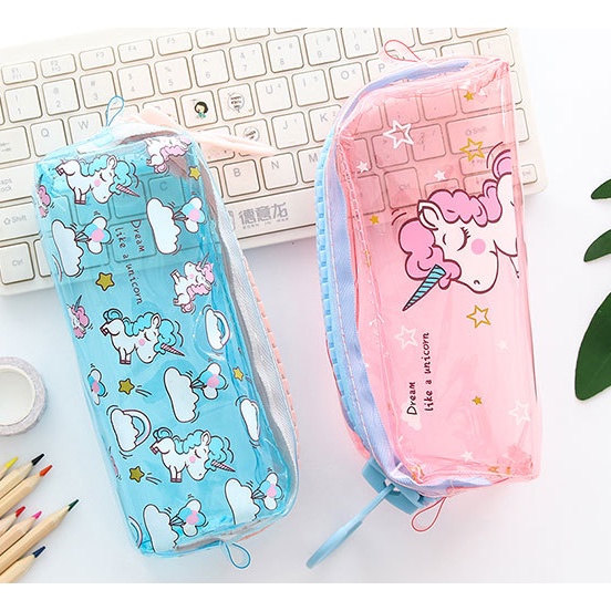 Tempat Pensil Unicorn JUMBO TRANSPARAN / Tempat Alat Tulis Besar Unicorn Tembus Pandang Transparan / Tepak Pensil Kartun Kuda Bertanduk / Wadah Serbaguna Gambar Unicorn