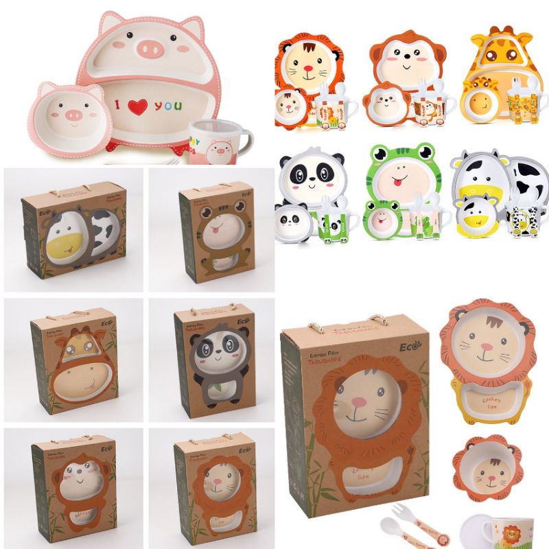 peralatan makan anak bamboo fiber /5in1 set piring animal