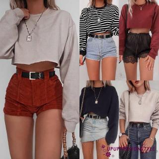 Kaos Crop  Top  Wanita Casual Lengan  Panjang  Model  Slim 