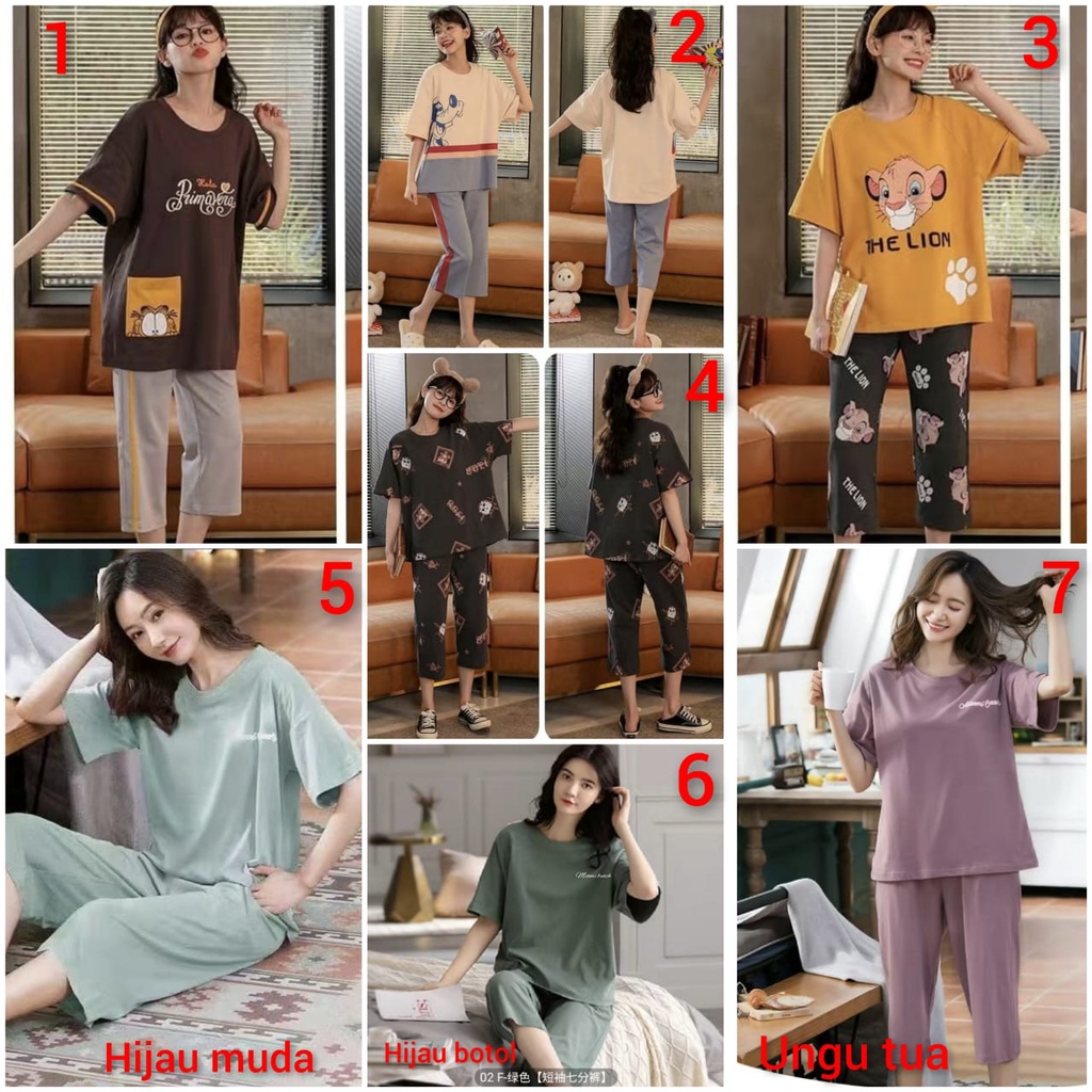 Baju tidur piyama bahan kaos katun celana 7/8