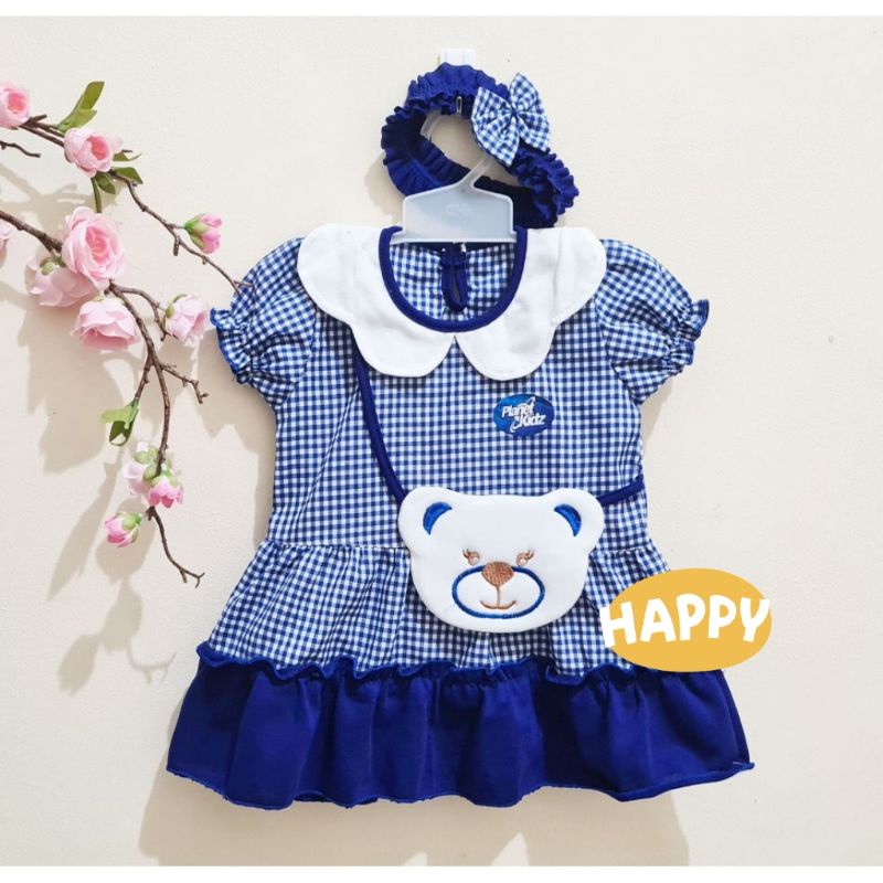 DRESS MOTIF BEAR BONUS BANDANA BAJU ANAK BABY (0-7BLN)CEWEK LUCU MURAH