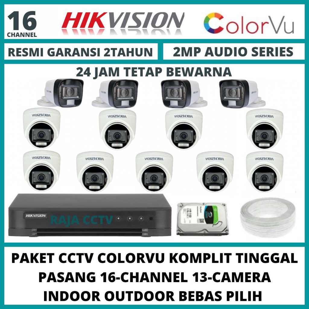 PAKET CCTV HIKVISION 2MP COLORVU 16 CHANNEL 13 CAMERA TURBO HD KAMERA CCTV COLORFUL