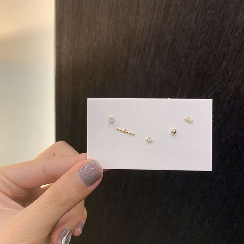 [ACKER] 5pcs/Set 24k Emas Minimalis Geometris Anting Set Jarum Kacang Sederhana / Zirkon Telinga Tragus Cartilage anting pejantan