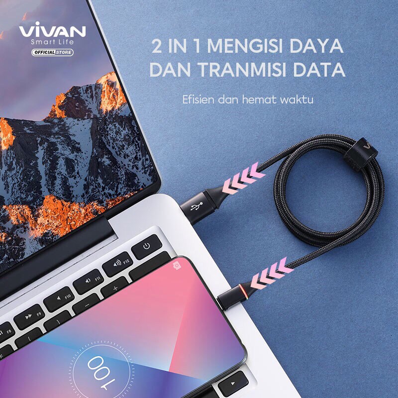 VIVAN VDC100 / VDC200 Kabel Type C 3A LED Light Quick Charge 1M &amp; 2 M - Garansi Resmi 1 Tahun
